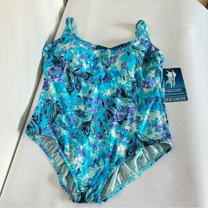 Great Lengths Full Coverage One Piece Swimsuit Size 24 Blue Multi Tummy Control